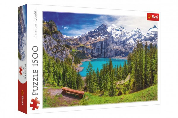 Puzzle Jezero Oeschinen Alpy, Švýcarsko 1500 dílků 85x58cm v krabici 40x26x6cm