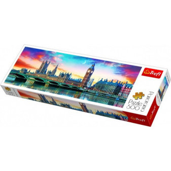 Puzzle Big Ben i Pałac Westminsterski, panorama Londynu 500 sztuk 66x23,7cm w pudełku 40x13x4cm