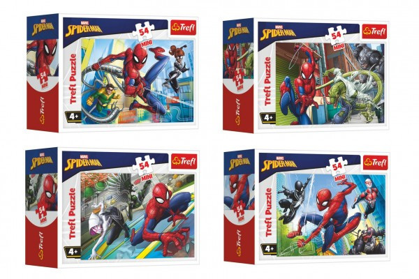 Minipuzzle 54 dielikov Spidermanov čas 4 druhy v krabičke 9x6, 5x4cm 40ks v boxe