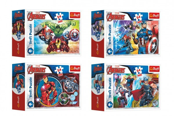 Minipuzzle 54 dielikov Avengers/Hrdinovia 4 druhy v krabičke 9x6,5x4cm 40ks v boxe