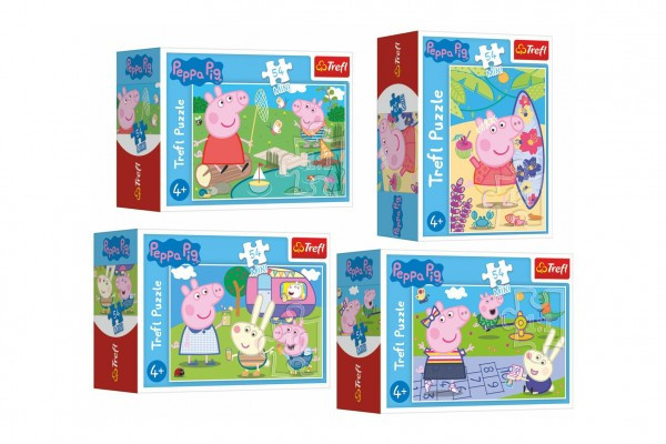 Minipuzzle 54 dielikov Šťastný deň Prasiatka Peppy/Peppa Pig 4 druhy v krabičke 9x6,5x3,5cm 40ks vb