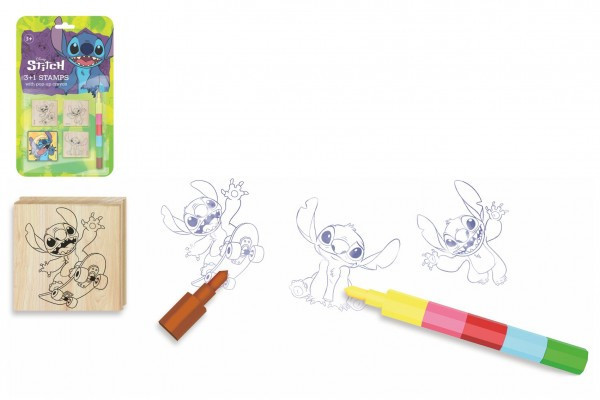Razítka 3+1 s poduškou dřevěná 4,5x4,5cm s voskovkou Lilo & Stitch na kartě 17x28cm