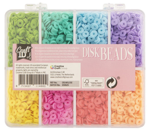Sada barevných korálků disky 6 mm v pořadači 8 barev 128 gramů (8x16g)