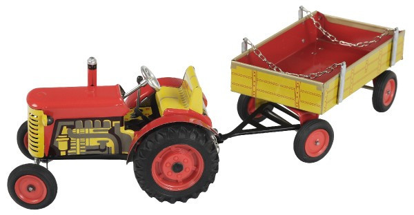 Traktor Zetor s valníkem červený na klíček kov 28cm Kovap v krabičce