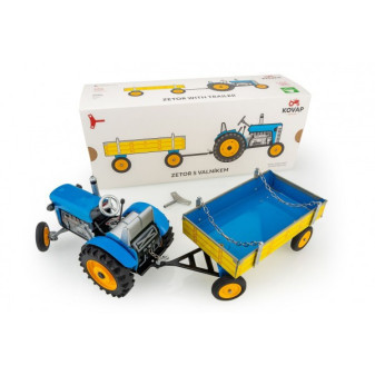 Traktor Zetor s valníkem modrý na klíček kov 1:25 v krabičce 32x13x11cm Kovap