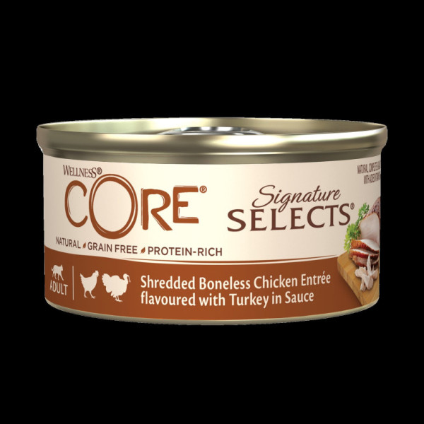 Konzerva Wellness Core Cat Selects Shredded kuře s krůtou v omáčce 79g