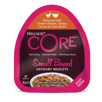 Konzerva Wellness Core Dog Savoury Medleys Adult Small kuře, krůta mrkev a fazole 85g