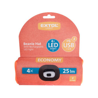 čepice s čelovkou 4x25lm, USB nabíjení, fluorescentní oranžová, ECONOMY, univerzální velikost, 1
