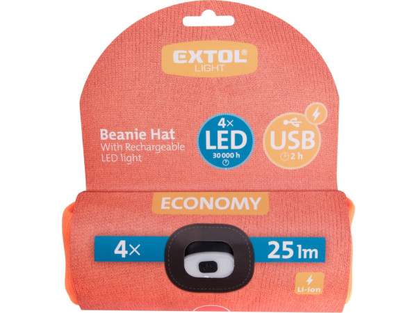 čepice s čelovkou 4x25lm, USB nabíjení, fluorescentní oranžová, ECONOMY, univerzální velikost, 1