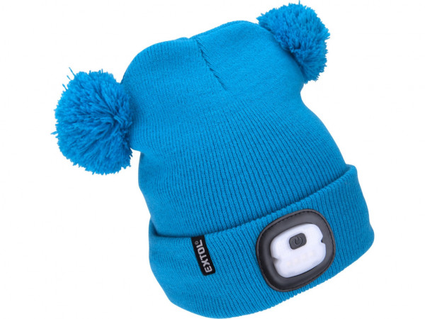 czapka z czołówką 4x25lm, ładowanie USB, niebieska z pomponami, dziecięca