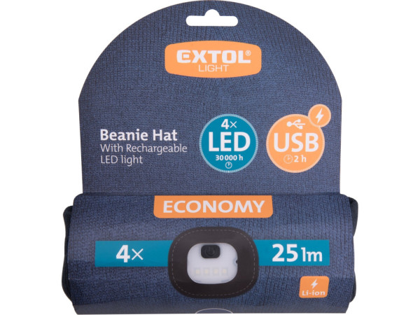 czapka z czołówką 4x25lm, ładowanie USB, kolor granatowy, ECONOMY, rozmiar uniwersalny, 100% akryl
