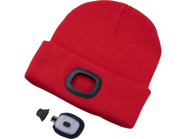 czapka z czołówką 4x45lm, ładowanie USB, czerwona, rozmiar uniwersalny, 73% akryl i 27% poliester