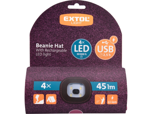 czapka z czołówką 4x45lm, ładowanie USB, fioletowo-czarna, rozmiar uniwersalny, 100% akryl