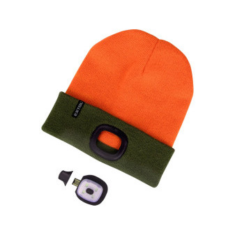 čepice s čelovkou 4x45lm, USB nabíjení, fluorescentní oranžová/khaki zelená, oboustranná, univer