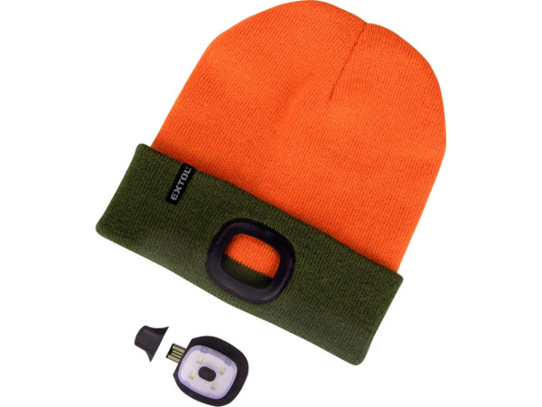 čepice s čelovkou 4x45lm, USB nabíjení, fluorescentní oranžová/khaki zelená, oboustranná, univer