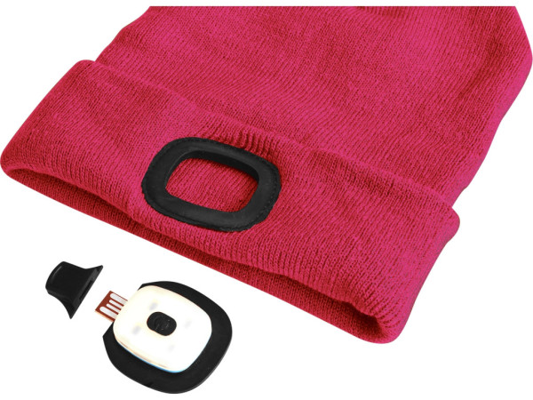 čiapka s čelovkou 4x45lm, USB nabíjanie, ružová, univerzálna veľkosť, 73% acryl a 27% polyester