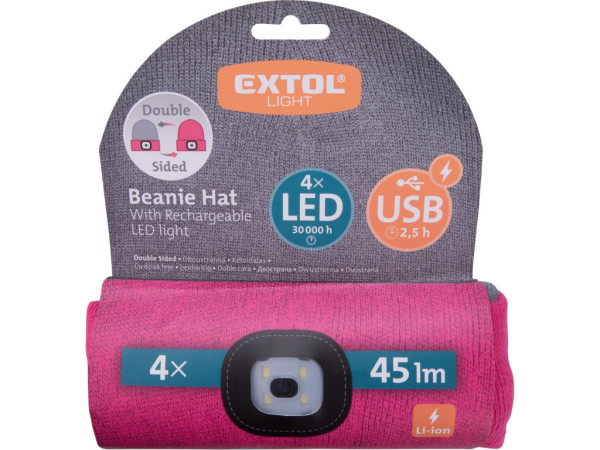 czapka z czołówką 4x45lm, ładowanie USB, jasnoszara/różowa, dwustronna, rozmiar uniwersalny, 7