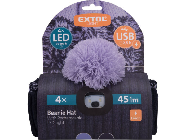 czapka z latarką 4x45lm, ładowanie USB, ciemnoniebieski/fioletowy z pomponem, rozmiar uniwersalny, 100