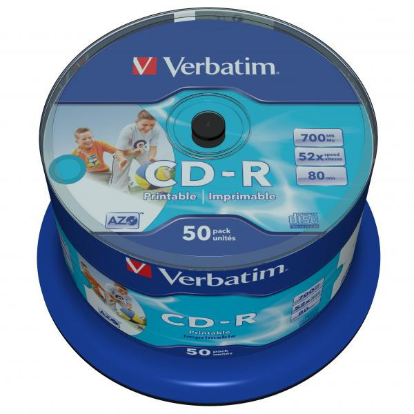Verbatim CD-R, 43438, DataLife PLUS, 50-pack, 700MB, Azo, 52x, 80min., 12cm, Inkjet, Wide Printa