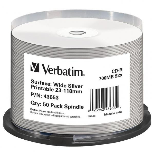 Verbatim CD-R, 43653, DataLife, 50-pack, 700MB, Wide Silver, 52X, No ID Brand, 80min., 12cm, Ink