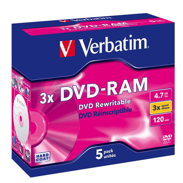 Verbatim DVD-RAM, 43450, DataLife PLUS, 5-pack, 4.7GB, 2-4x, 12cm, General, Scratch Resistant, j