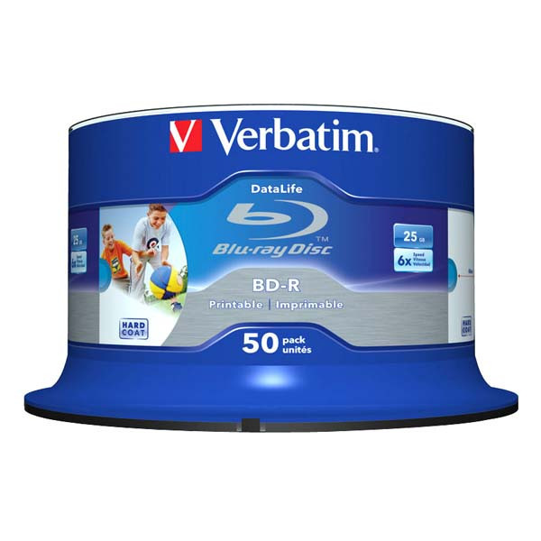 Verbatim BD-R SL, Hard Coat protective layer Wide Inkjet Printable, 25GB, Spindle, 43812, 6x, 50