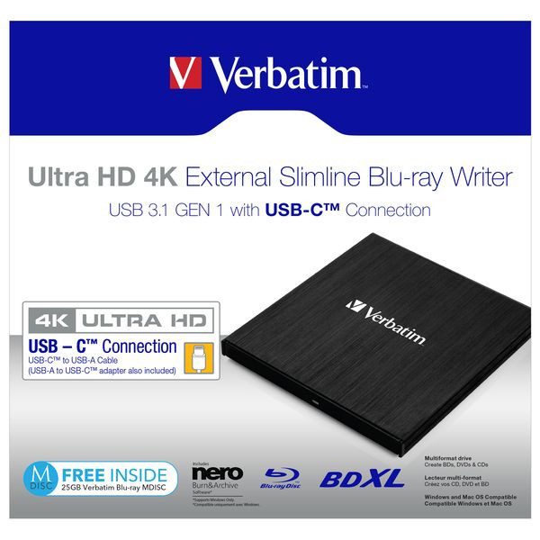 Verbatim externí Blue-Ray mechanika Ultra HD, 4K, 43888, USB 3.1 Gen1 (3.0), USB C