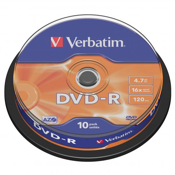 Verbatim DVD-R, 43523, DataLife PLUS, 10-pack, 4.7GB, 16x, 12cm, General, Advanced Azo+, cake bo