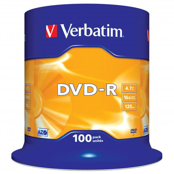 Verbatim DVD-R, 43549, DataLife PLUS, 100-pack, 4.7GB, 16x, 12cm, General, Advanced Azo+, cake b