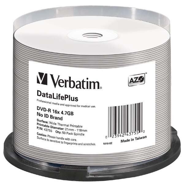 Verbatim DVD-R, 43755, DataLife PLUS, 50-pack, 4.7GB, 16x, 12cm, Professional, Advanced Azo+, ca