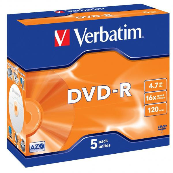 Verbatim DVD-R, 43519, DataLife PLUS, 5-pack, 4.7GB, 16x, 12cm, General, Advanced Azo+, jewel bo