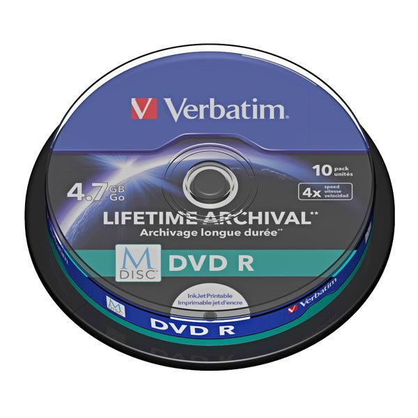 Verbatim DVD-R, M-Disc, 10-pack, 4.7GB, 4x, 12cm, General, Standard, cake box, pro archivaci dat