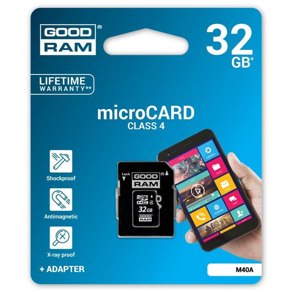 Goodram Micro Secure Digital Card, 32GB, micro SDHC, M40A-0320R11, Class 4, s adaptérem