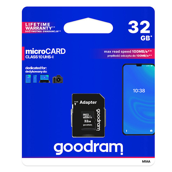Goodram Micro Secure Digital Card, 32GB, micro SDHC, M1AA-0320R12, UHS-I U1 (Class 10), s adapté