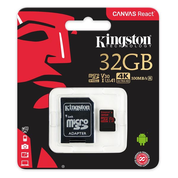 Kingston paměťová karta Canvas React, 32GB, micro SDHC, SDCR/32GB, UHS-I U3, s adaptérem