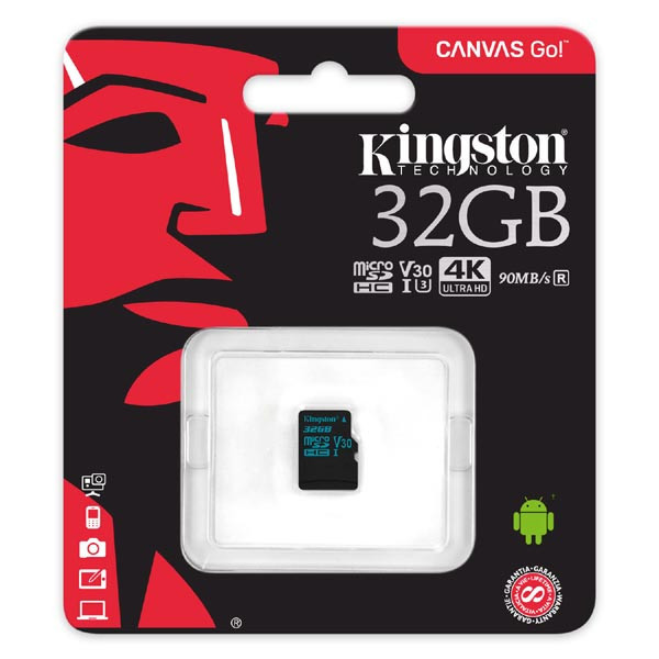 Kingston paměťová karta Canvas Go!, 32GB, micro SDHC, SDCG2/32GBSP, UHS-I U3, bez adaptéru