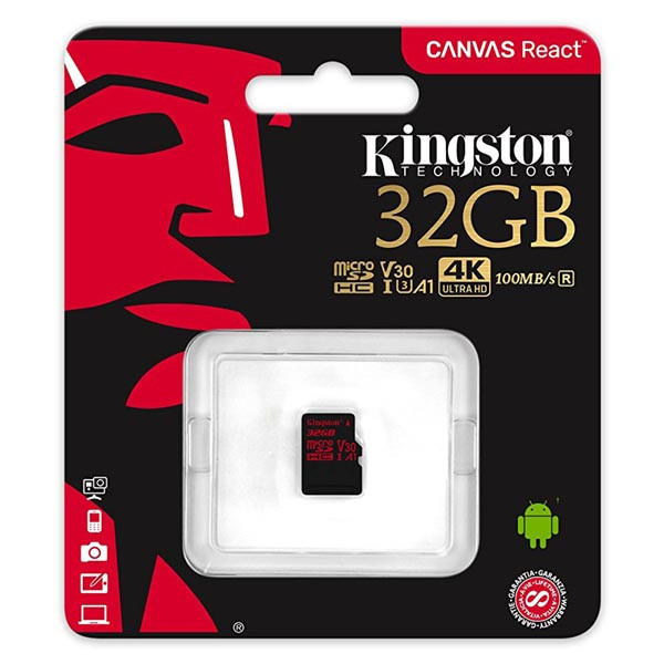 Kingston paměťová karta Canvas React, 32GB, micro SDHC, SDCR/32GBSP, UHS-I U3, bez adaptéru