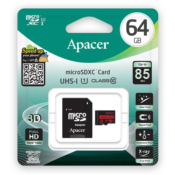 Apacer paměťová karta Secure Digital, 64GB, micro SDXC, AP64GMCSX10U5-R, UHS-I U1 (Class 10), s