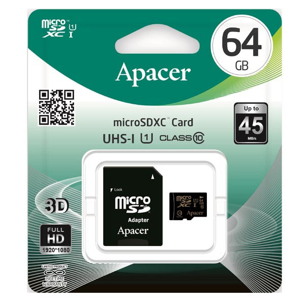 Apacer paměťová karta Secure Digital, 64GB, micro SDXC, AP64GMCSX10U1-R, UHS-I U1 (Class 10), s