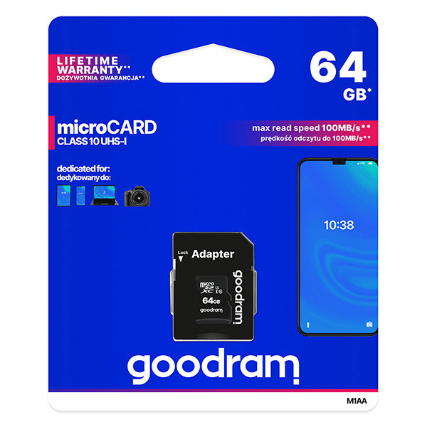 Goodram Micro Secure Digital Card, 64GB, micro SDXC, M1AA-0640R12, UHS-I U1 (Class 10), s adapté
