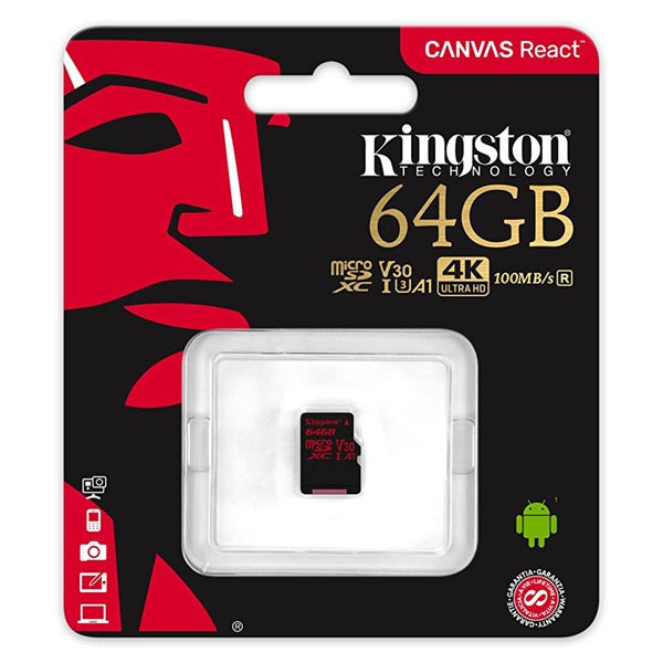 Kingston paměťová karta Canvas React, 64GB, micro SDXC, SDCR/64GBSP, UHS-I U3, bez adaptéru