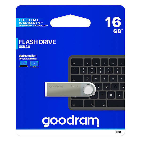 Goodram USB flash disk, USB 2.0, 16GB, UUN2, stříbrný, UUN2-0160S0R11, USB A, s poutkem