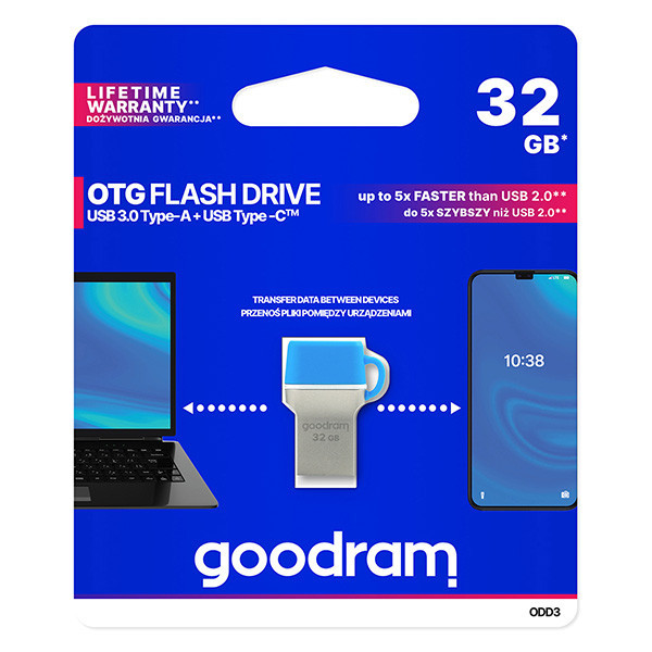 Goodram USB flash disk OTG, USB 3.0 (3.2 Gen 1), 32GB, ODD3, modrý, ODD3-0320B0R11, USB A / USB