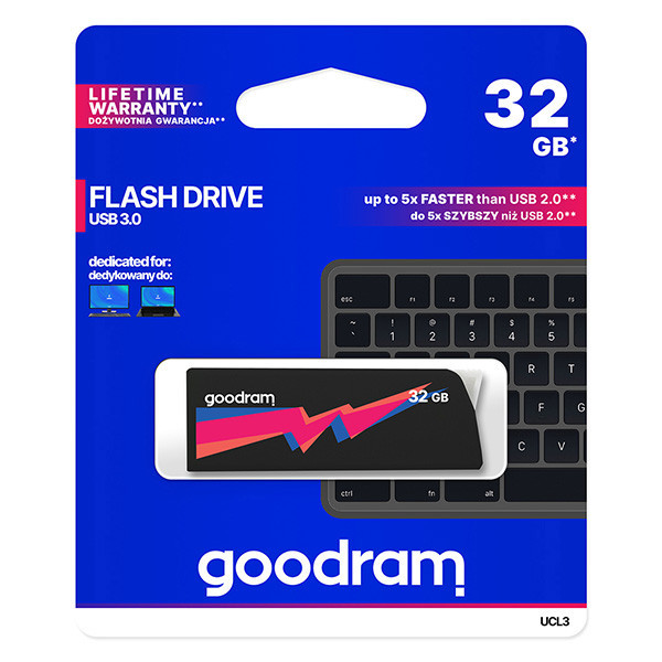 Goodram USB flash disk, USB 3.0 (3.2 Gen 1), 32GB, UCL3, černý, UCL3-0320K0R11, USB A, s výsuvný