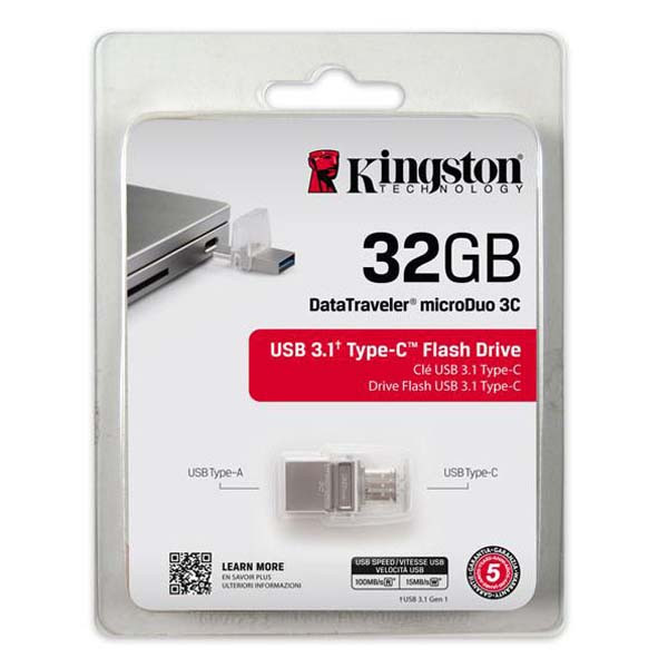 Kingston USB flash disk OTG, USB 3.0 (3.2 Gen 1), 32GB, DataTraveler microDuo 3C, stříbrný, DTDU