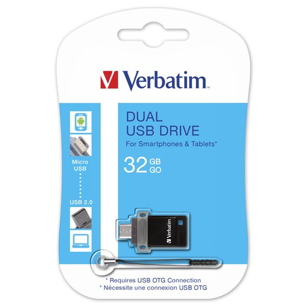Verbatim USB flash disk, USB 2.0, 32GB, Dual OTG, černý, 49843, USB A / USB Micro B, s poutkem