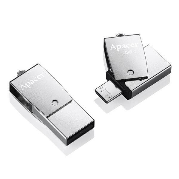 Apacer USB flash disk OTG, USB 3.0 (3.2 Gen 1), 64GB, AH750, stříbrný, AP64GAH750S-1, USB A / US