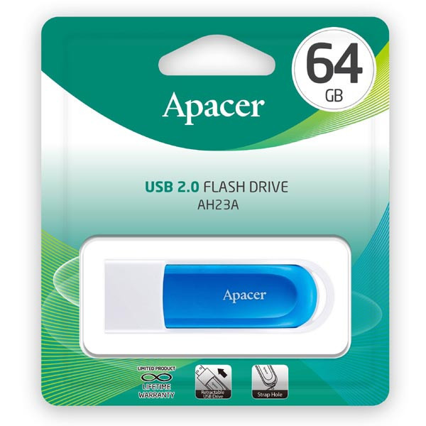 Apacer USB flash disk, USB 2.0, 64GB, AH23A, modrý, AP64GAH23AW-1, USB A, s vysuvným konektorem