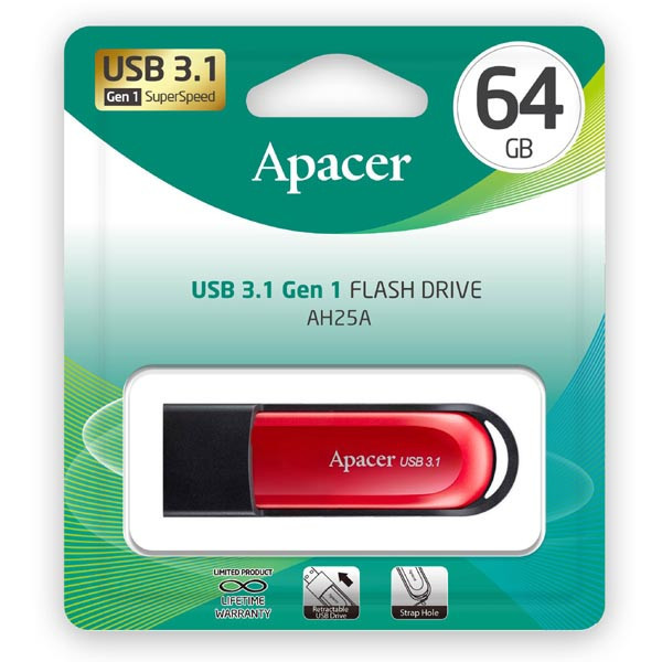 Apacer USB flash disk, USB 3.0 (3.2 Gen 1), 64GB, AH25A, červený, AP64GAH25AB-1, USB A, s výsuvn