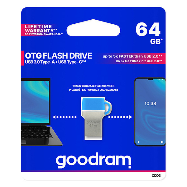 Goodram USB flash disk OTG, USB 3.0 (3.2 Gen 1), 64GB, ODD3, modrý, ODD3-0640B0R11, USB A / USB